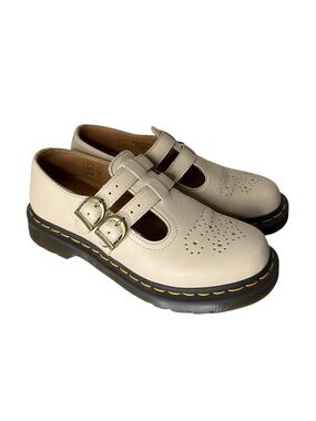 DR MARTENS Ivory Cream Leather 8065 Mary Jane Loafers Buckle Perforated Size 7